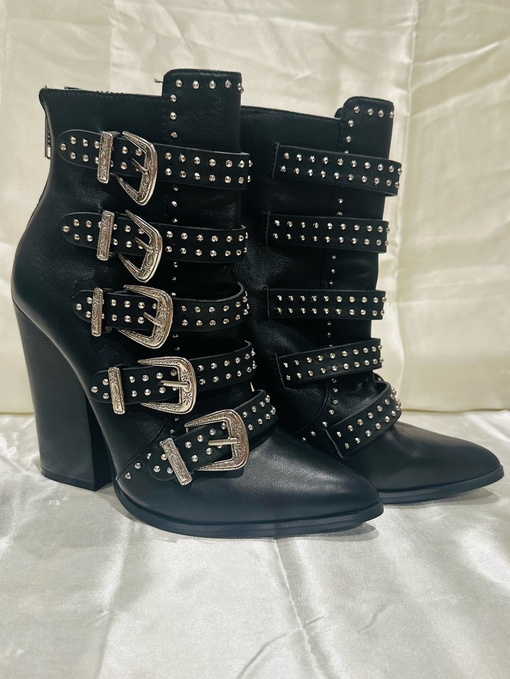 Steve Madden Black Studded Buckle Heeled Ankle Boots